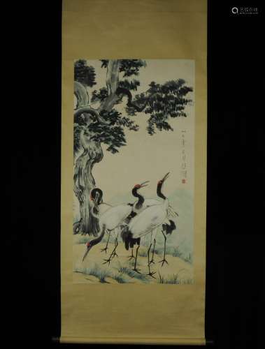 Vertical Painting : Cranes under Pine Tree  by Xu Beihong