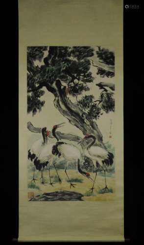 Vertical Painting : Cranes under a Pine Tree  by Xu Beihong