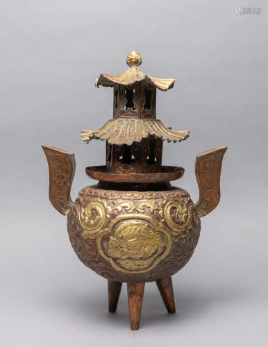 Chinese Gold on Brass Tower Type Censer