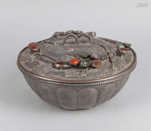 Chinese Old Pewter Gem Stone Covered Box