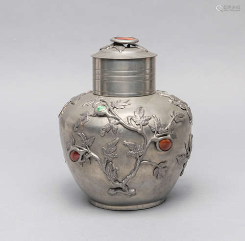 Chinese Old Pewter & Jade Gem Stone Tea Jar