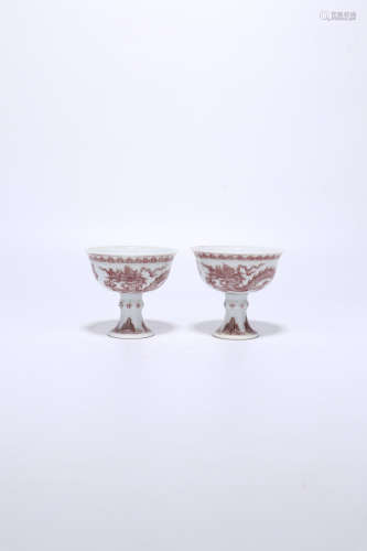 pair of chinese underglazed red porcelain goblets