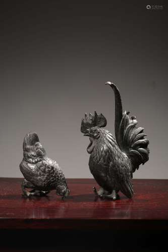 pair of chinese tin ornaments with chicken design