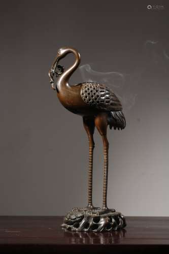 backflow chinese bronze crane-form censer with chen qiaosheng mark