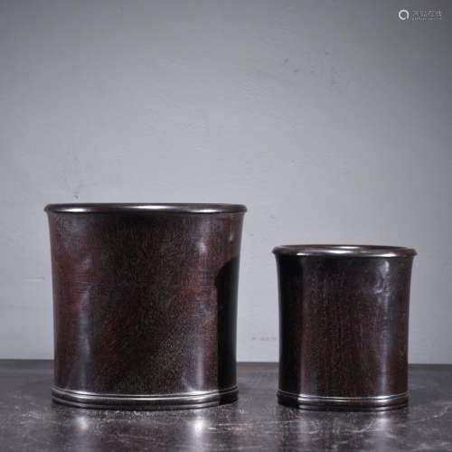 two chinese red sandalwood brush pots