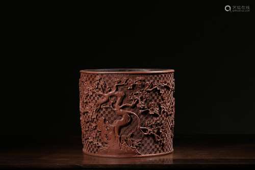 chinese red lacquered brush pot with qianlong year mark