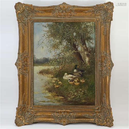A FRAMED OIL PAINTING OF DUCKS AND LANDSCAPE