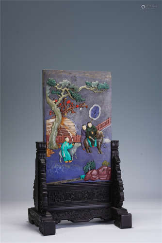 A CHINESE LAPIS LAZULI HARDSTONES INLAID TABLE SCREEN