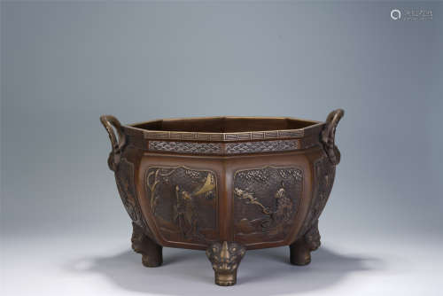 A CHINESE CAVED HEXAGONAL DOUBLE HANDLE INCENSE BURNER
