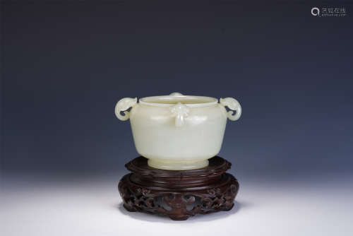 A CHINESE CARVED WHITE JADE CENSER WITH LINGZHI HANDLES