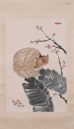 A CHINESE PAINTING OF PUPPY IN A CAGE