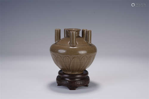 A CHINESE BROWN GLAZED PORCELAIN JOSS-STICK HOLDER