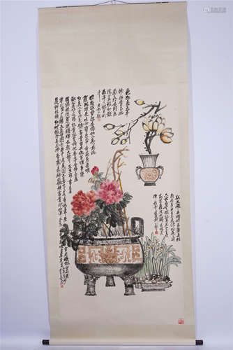 A CHINESE HANGING SCROLL PAINTING OF FLOWERS