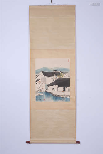 A CHINESE HANGING SCROLL PAINTING OF TOWN SCENERY