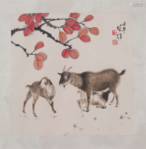 A CHINESE PAINTING OF THREE GOATS