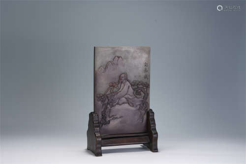 A CHINESE CARVED INKSTONE TABLE SCREEN