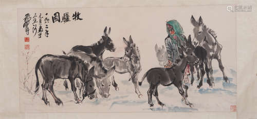 A CHINESE PAINTING OF HERDING DONKEYS