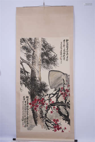 A CHINESE HANGING SCROLL PAINTING OF FLOWERS AND PINE TREE