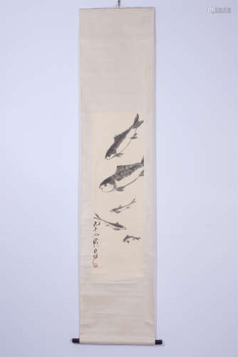 A CHINESE HANGING SCROLL PAINTING OF FISHES