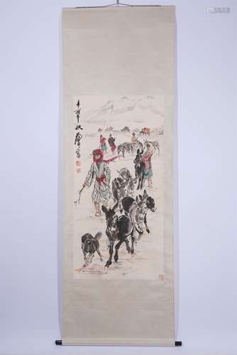 A CHINESE HANGING SCROLL PAINTING OF HERDING DONKEYS