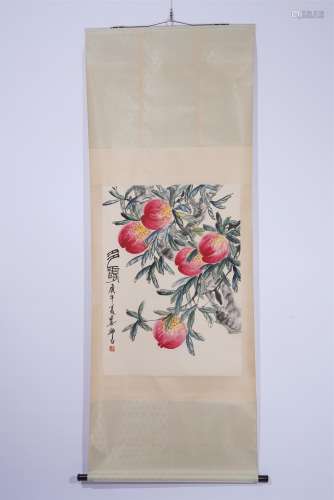 A CHINESE HANGING SCROLL PAINTING OF LONGEVITY PEACHES