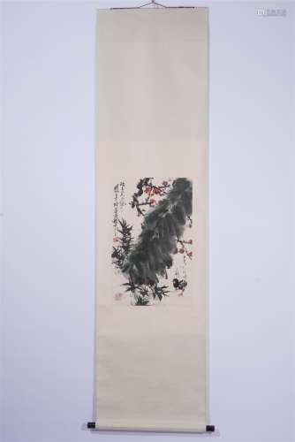 A CHINESE HANGING SCROLL PAINTING OF FLOWERS AND BIRDS