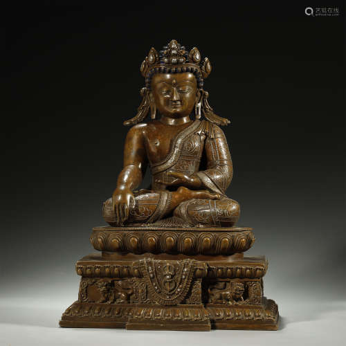 ANCIENT TIBETAN,SILVER-INLAID BRONZE BUDDHA STATUE