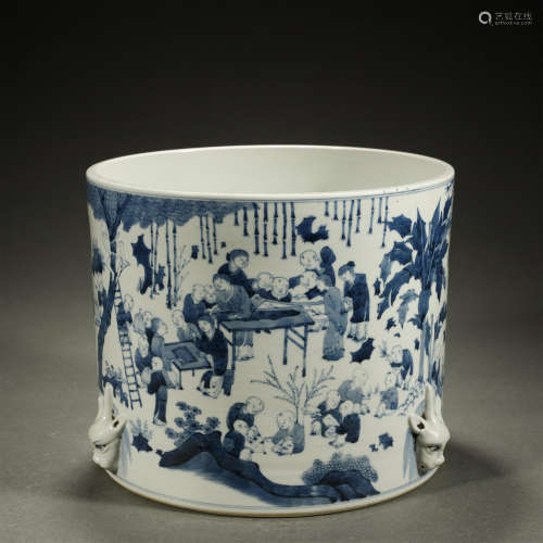 CHINESE QING DYNASTY,BLUE AND WHITE BRUSH POT