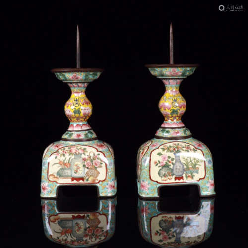 ANCIENT CHINESE,A PAIR OF CLOISONNE ENAMEL CANDLESTICKS