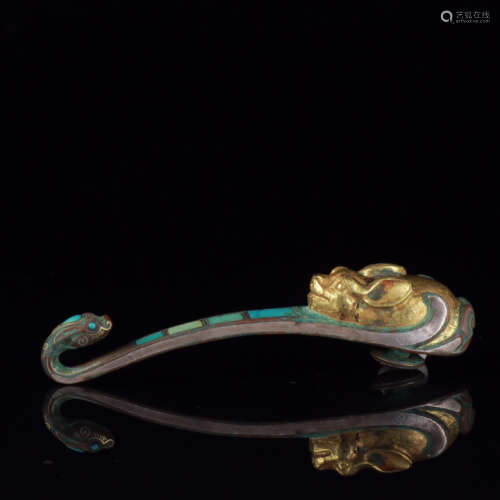 ANCIENT CHINESE,GOLD AND SILVER-INLAID BRONZE GARMENT HOOK