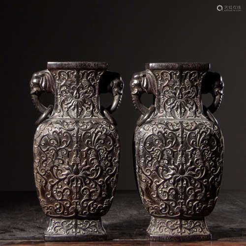 ANCIENT CHINESE,A PAIR OF WOOD CARVED VASES