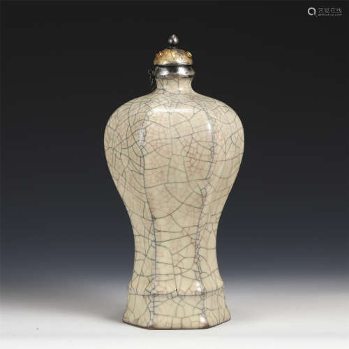 A CHINESE RU-TYPE GLAZED PORCELAIN VASE INLAIDED SILVER