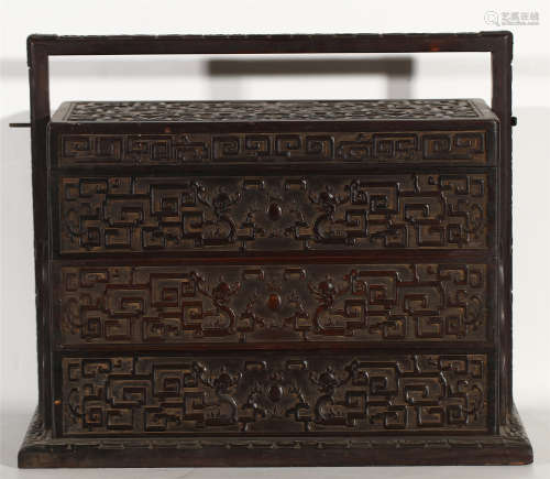A CHINESE CARVING HARDWOOD LONG HANDLE FOODBOX