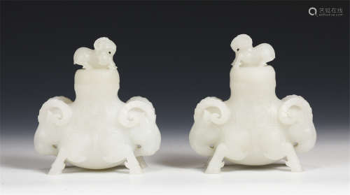A PAIR OF CHINESE CARVED JADE INCENSE CAGES