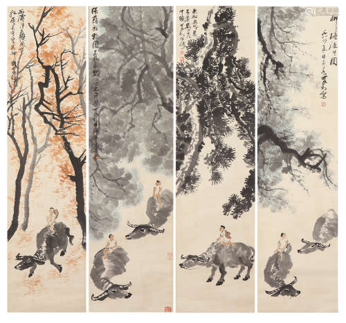 FOUR PANELS OF CHINESE SCROLL PAINTING FIGURE STORY