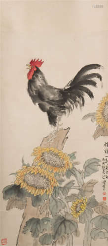 A CHINESE PAINTING OF COCK AND SUNFLOWERS