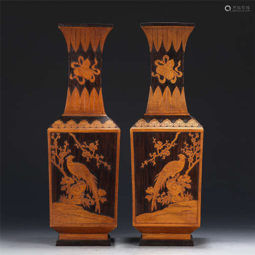 A PAIR OF CHINESE ZITAN INLAID ZHUHUANG SQUARE VASES