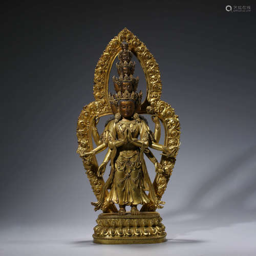 A Gild Bronze Eleven Face Eight Arns Guanyin Statue