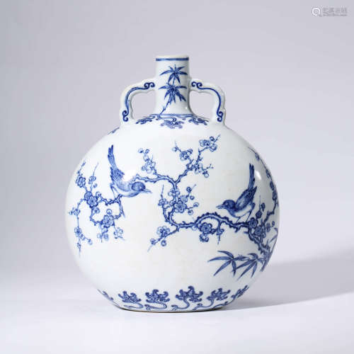 A Blue and White Plum Blossom Porcelain Double Ears Oblate Vase