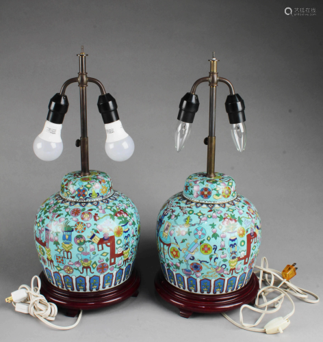 A Pair of Antique Cloisonne Table Lamps, with wooden