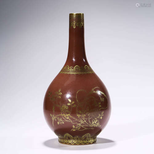 A Cowpea Red Glaze Gilt-inlaid Floral Porcelain Inscribed Vase