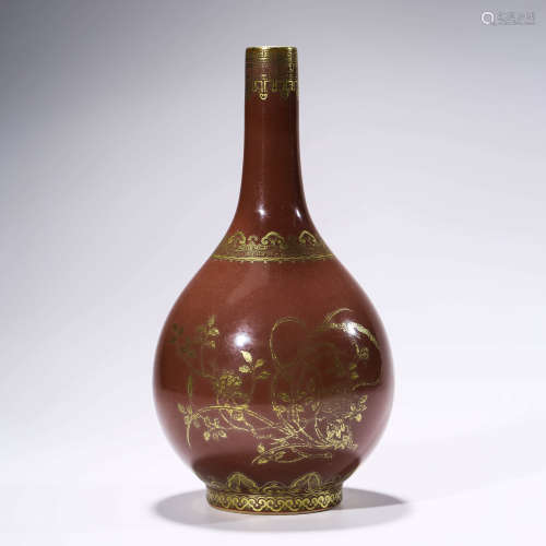 A Cowpea Red Glaze Gilt-inlaid Floral Porcelain Inscribed Vase