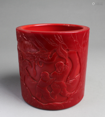 Chinese Red Color Peking Glass Brushpot