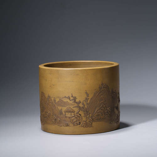 A Landscape Carved Purple Sand Brush Pot