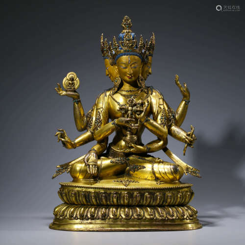 A Gild Bronze Statue of Three Face Six Arms Vajrasattva