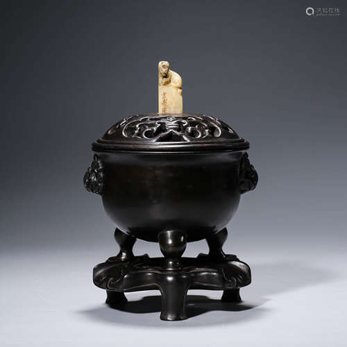 A Three-legged Double Lion Ears Bronze Incense Burner