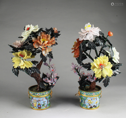 A Pair of Cloisonne Flower Pots with Agate/Jade Flower