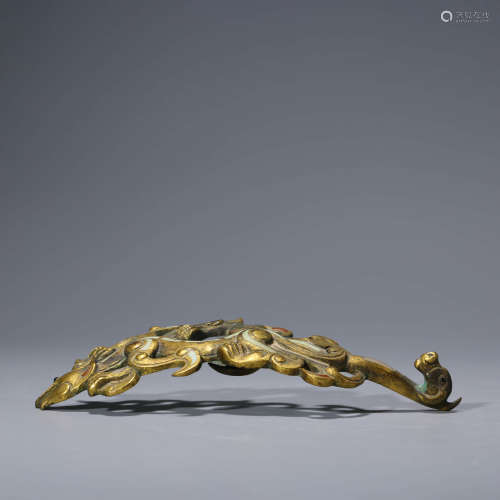 A Gem Inlaid Gild Bronze Beast Pattern Belt Hook
