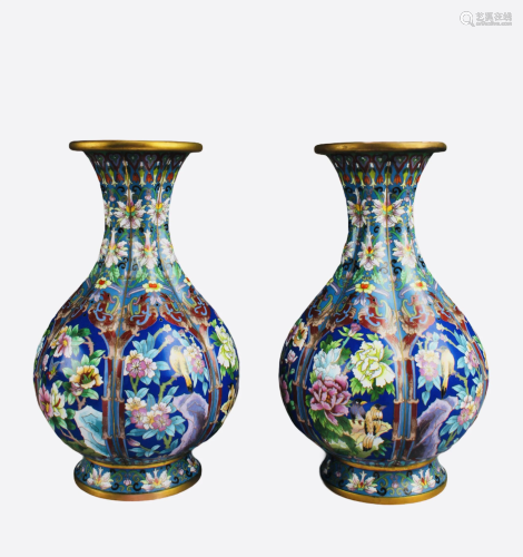 Antique Pair of 'Pumpkin-shaped' Cloisonne Vases