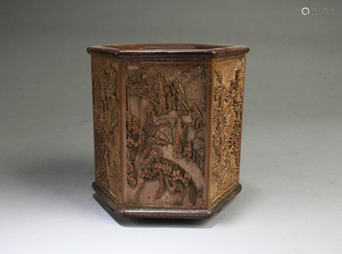 Chinese Carved Hexagonal-Shaped Bamboo Brushpot